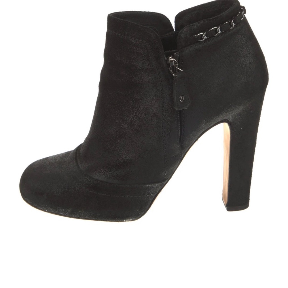 CHANEL 2014 Black Suede High Heel Ankle Boot with Chain Accent